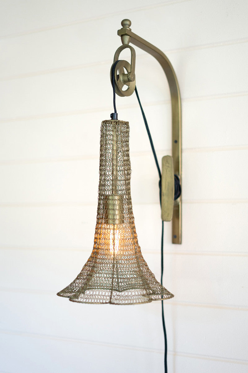 Antique Brass Pulley Wall Lamp With Pleated Brass Shade
