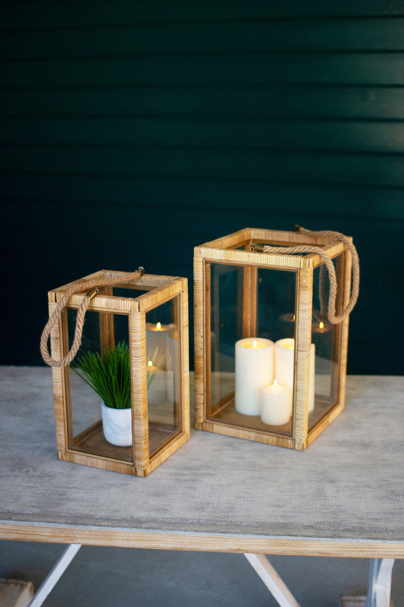 Two Rectangle Rattan and Glass Lanterns