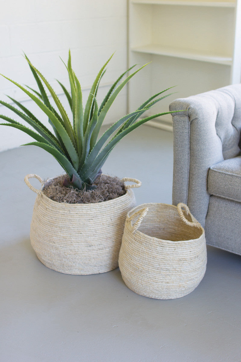 Two Round Seagrass Baskets With Handles