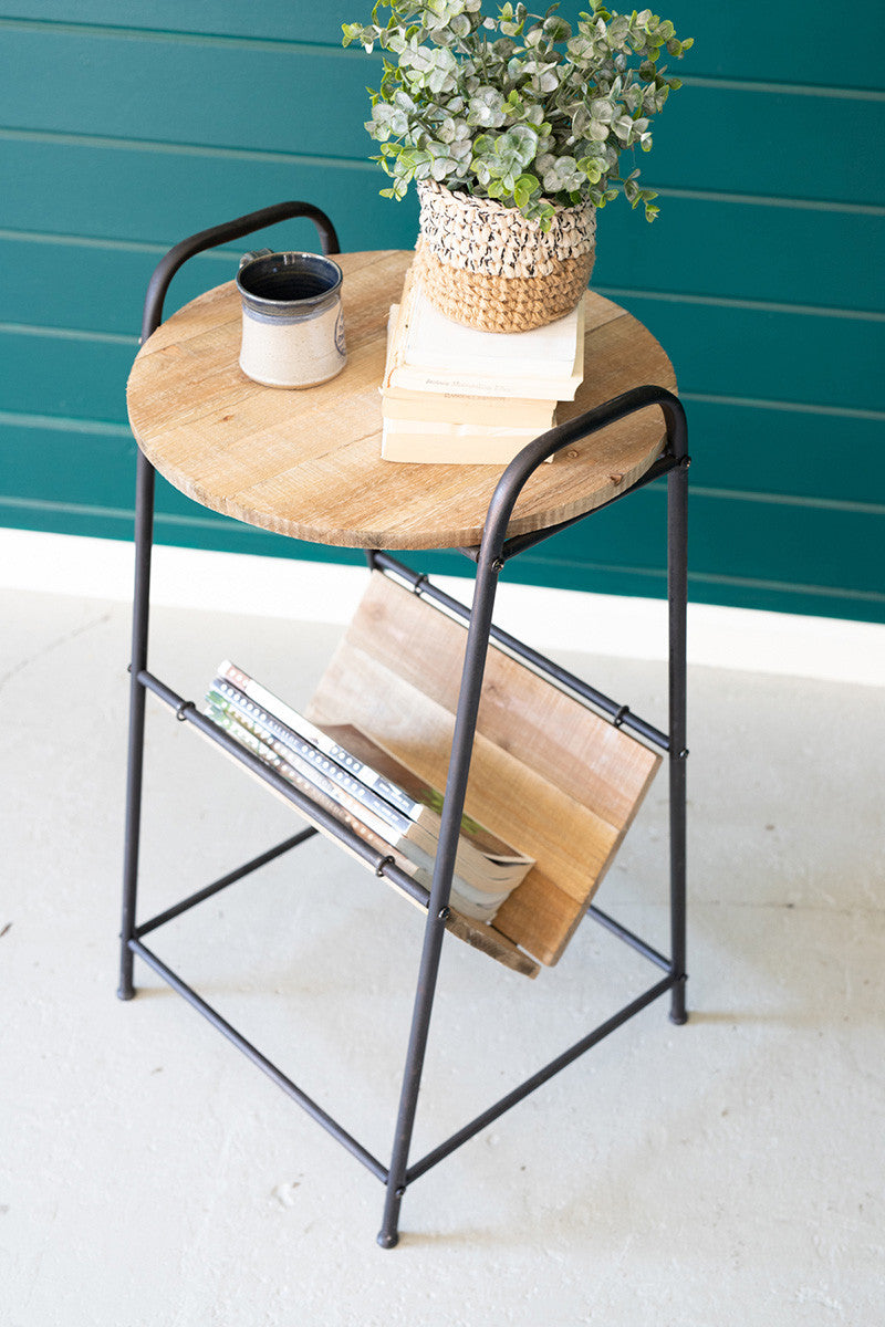 Wood and Rustic Metal Side Table With Magazine Rack