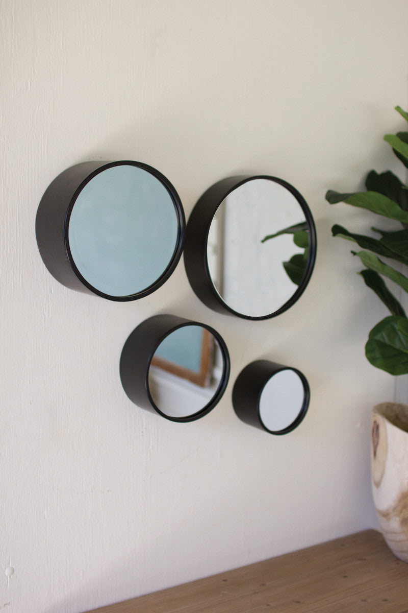 Set of Four Round Metal Wall Mirrors - Antique Black