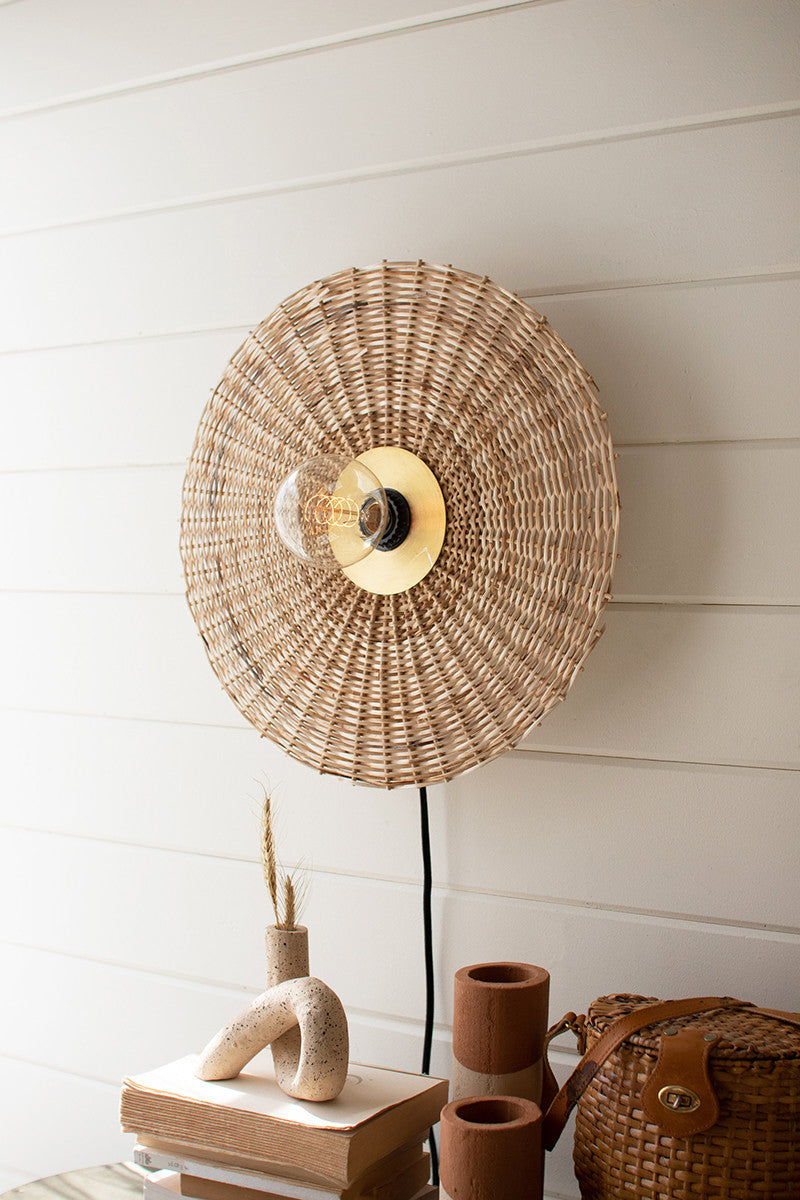 Rattan and Brass Wall Lamp